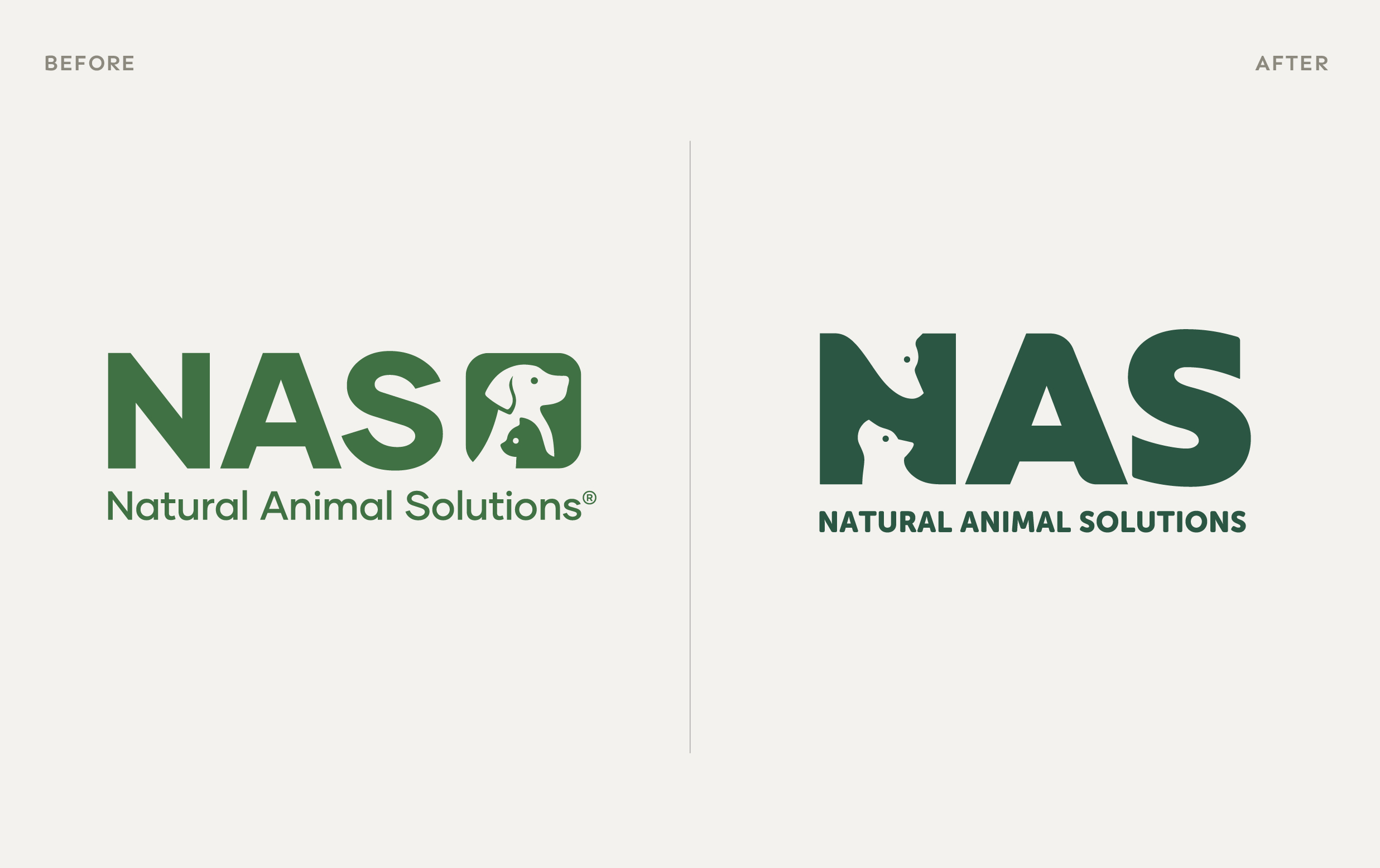 NAS (Natural Animal Solutions) logo, before and after the redesign by Morice & Co
